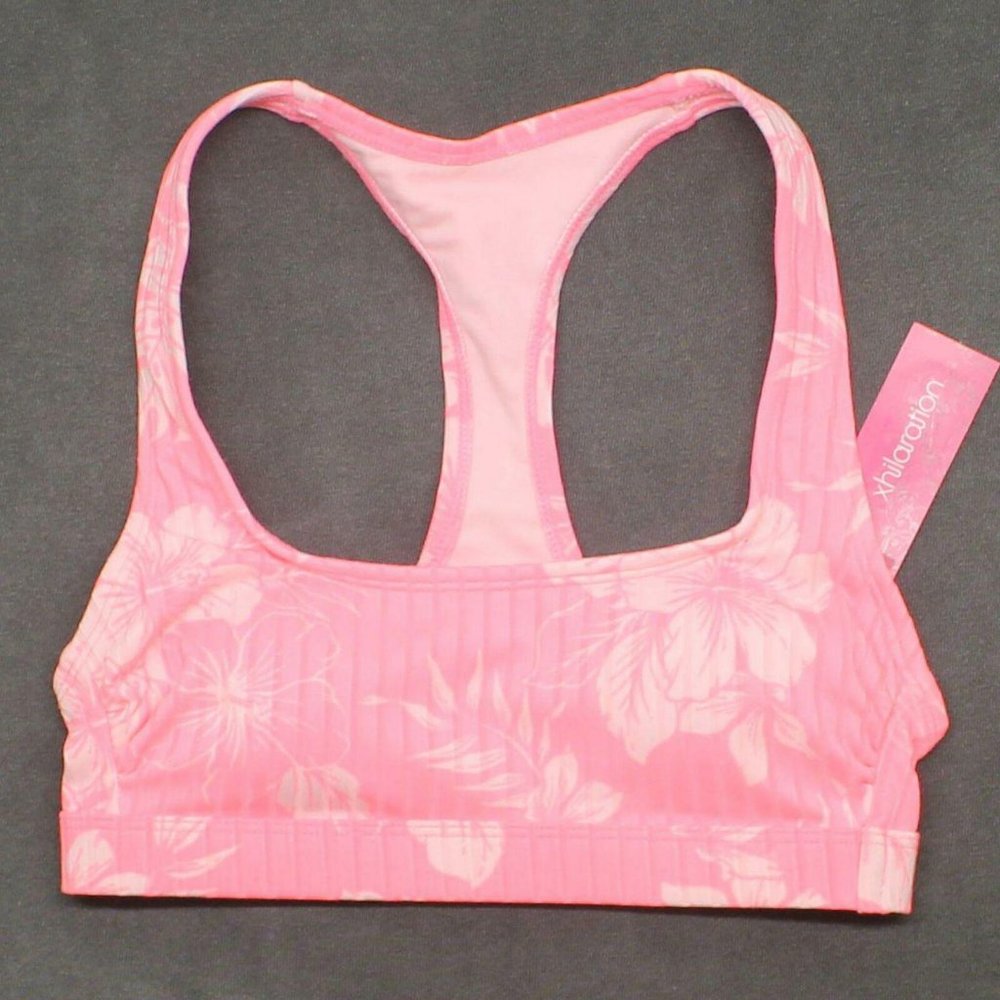 NWT Xhilaration Women's Floral Ribbed Racer Bralette Bikini Top Medium Pink - Picture 2 of 7